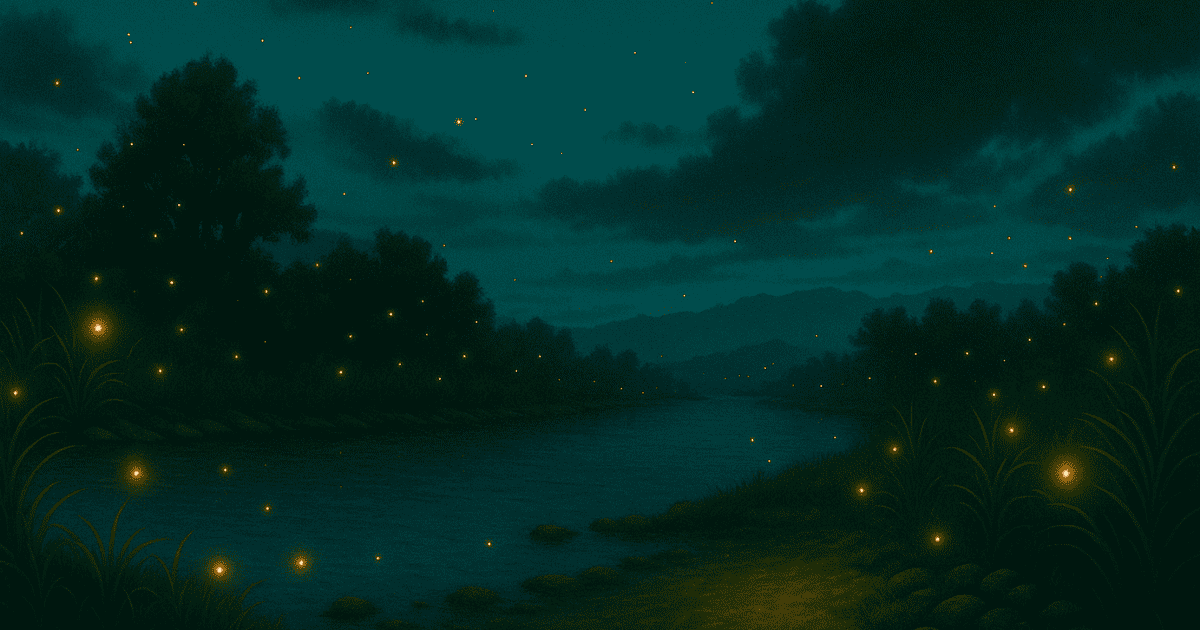 Glowing fireflies drifting above a quiet river in the Japanese countryside under a dark summer night sky