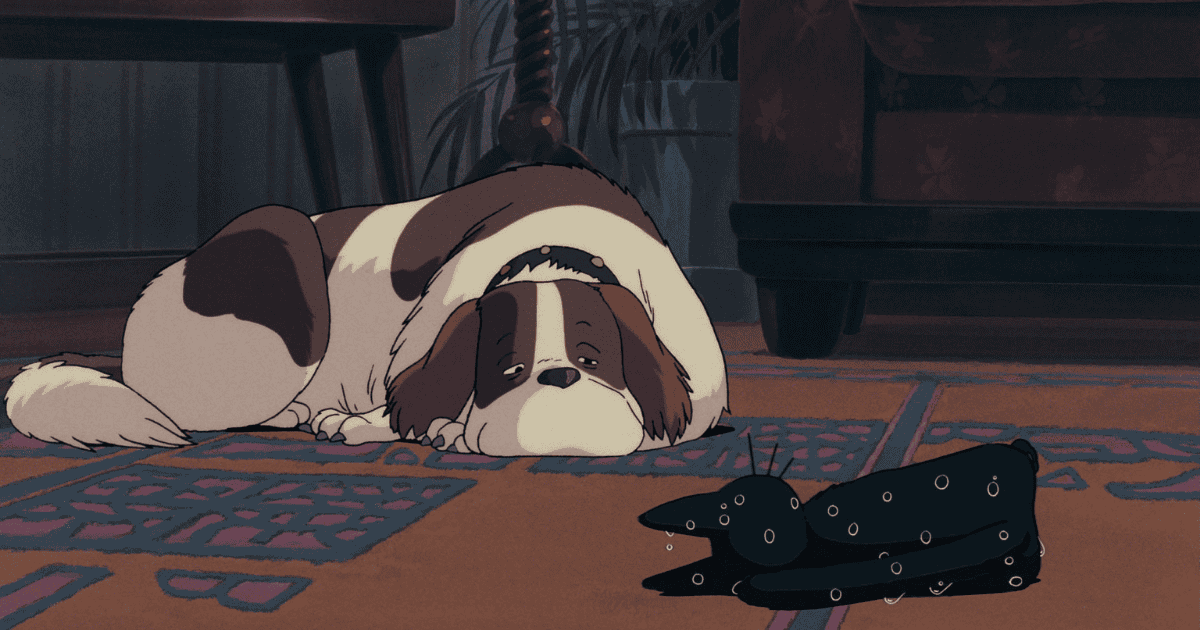Large sleepy dog lying on a patterned rug beside a soaked black cat indoors