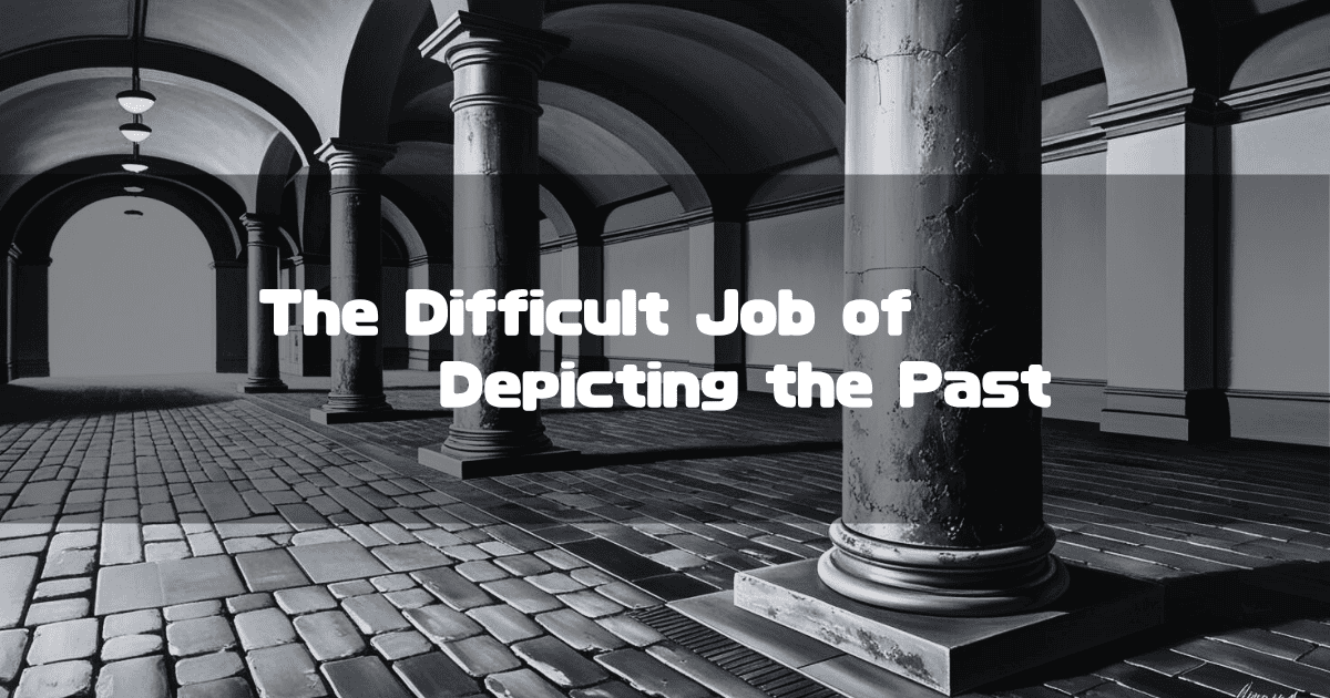 An atmospheric black and white photo of a historic-looking hall with large pillars and a stone floor, with the text "The Difficult Job of Depicting the Past" overlaid.