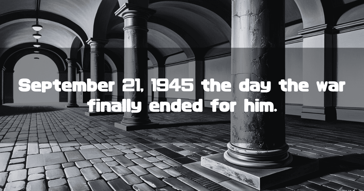 A black-and-white illustration of an empty station concourse with large pillars and a stone floor. A text overlay reads: 'September 21, 1945 the day the war finally ended for him.'