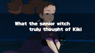 A young woman with brown hair styled in two high ponytails secured with pink and blue ties, wearing a purple dress and gold earrings, looks slightly to her right with a gentle smile. Her black cat with green eyes is partially visible behind her. They appear to be against a dark blue, slightly textured background, possibly representing a night sky over water. White text overlaid on the image reads "What the senior witch truly thought of Kiki"