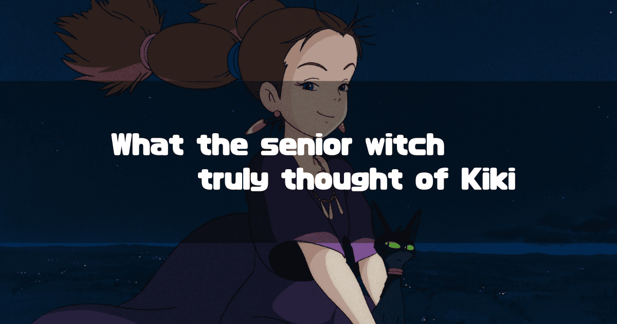 A young woman with brown hair styled in two high ponytails secured with pink and blue ties, wearing a purple dress and gold earrings, looks slightly to her right with a gentle smile. Her black cat with green eyes is partially visible behind her. They appear to be against a dark blue, slightly textured background, possibly representing a night sky over water. White text overlaid on the image reads "What the senior witch truly thought of Kiki"