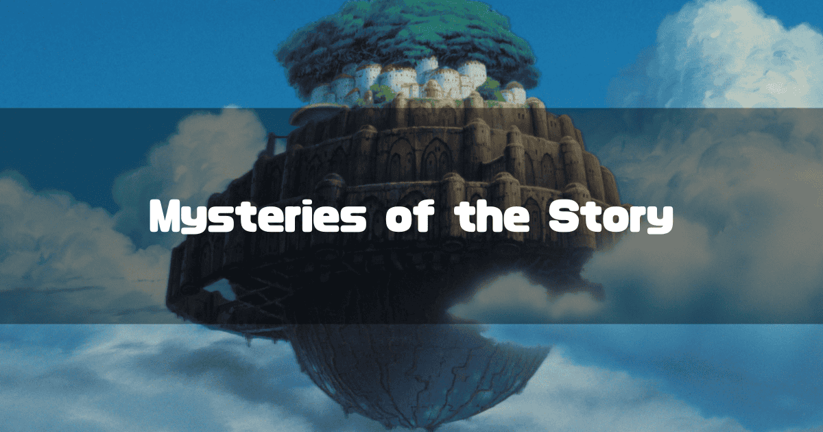 The floating island of Laputa from Castle in the Sky, surrounded by clouds, with the text 'Mysteries of the Story' overlaid.