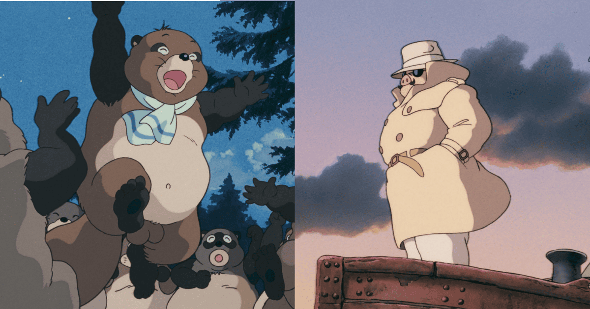Celebrating tanuki beside a pig-faced aviator in a trench coat in a split-screen comparison