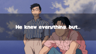 Anime scene featuring Taku sitting in the foreground looking contemplative, with Matsuno standing behind him looking towards the distance, and the text overlay 'He knew everything, but...'