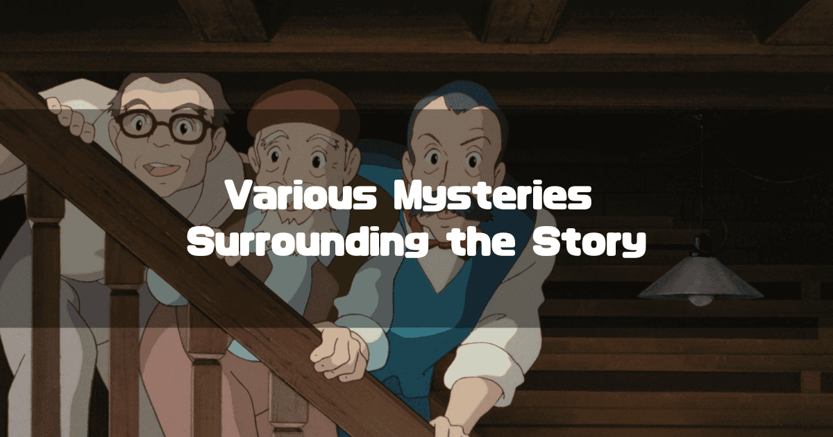 Seiji's grandfather and his two elderly friends from 'Whisper of the Heart' look on from a staircase, with the text 'Various Mysteries Surrounding the Story' overlaid.