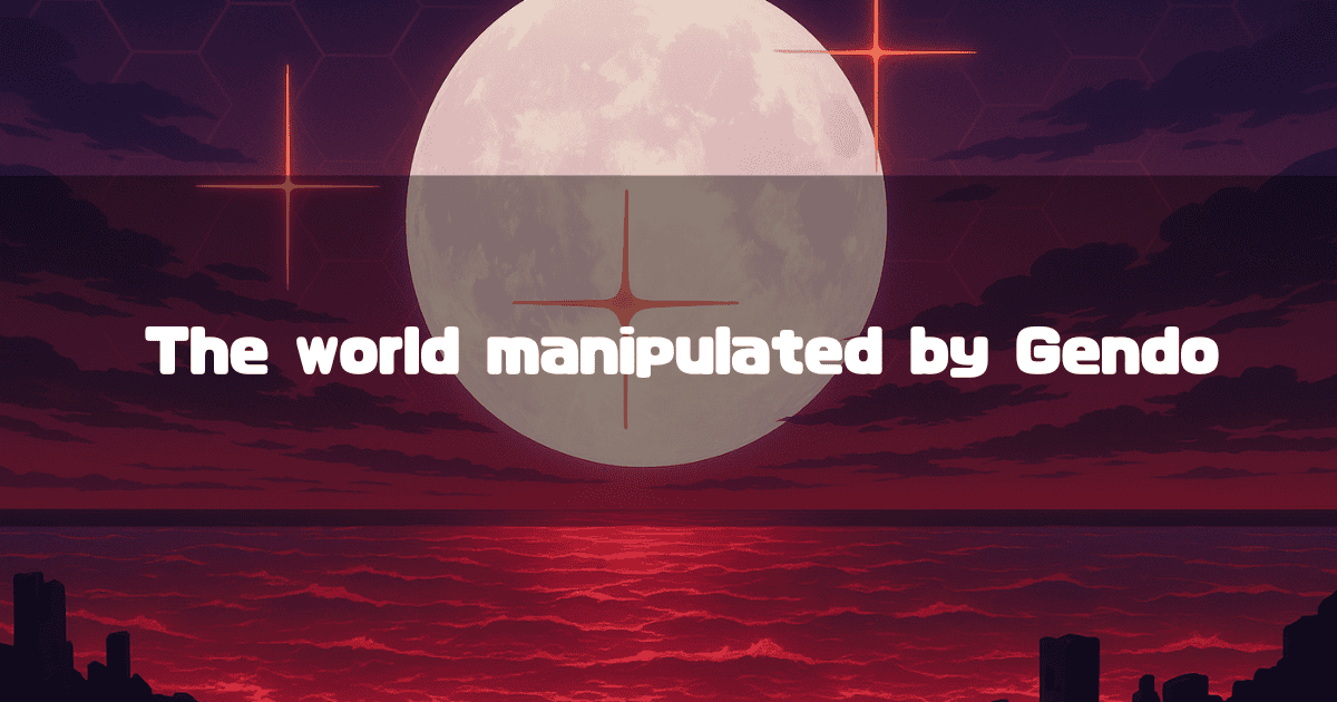 A large, pale moon dominates a dark, stylized cityscape and rippling red sea, with the text "The world manipulated by Gendo" overlaid in a white, futuristic font.