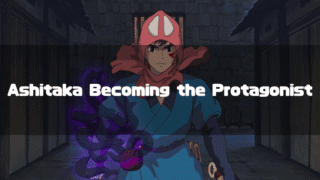 A close-up of Ashitaka from 'Princess Mononoke' in a snowy landscape, with the text "Ashitaka Becoming the Protagonist" superimposed.