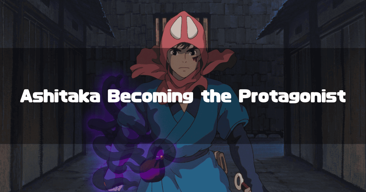 A close-up of Ashitaka from 'Princess Mononoke' in a snowy landscape, with the text "Ashitaka Becoming the Protagonist" superimposed.