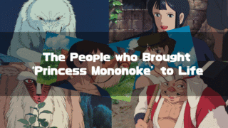 A collage featuring main characters from the film 'Princess Mononoke,' including Ashitaka, San, Moro, and Lady Eboshi. The text overlay reads: 'The People who Brought ‘Princess Mononoke’ to Life'.