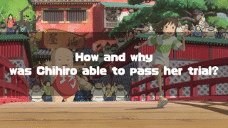 A scene from Spirited Away: Chihiro joyfully runs across the red bridge of the Aburaya bathhouse as spirits cheer her on. The text 'How and why was Chihiro able to pass her trial?' is overlaid.