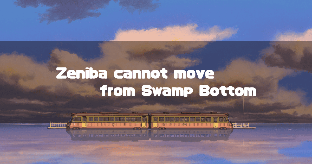 A train traveling over a reflective body of water under a cloudy blue sky, with the white text "Zeniba cannot move from Swamp Bottom" centered over the train.