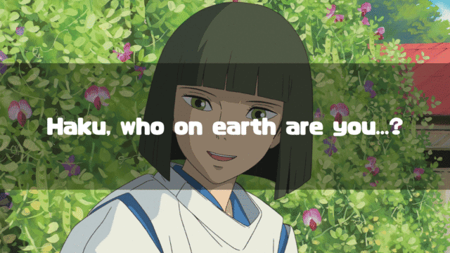 Haku from Spirited Away with a gentle, mysterious smile, set against a backdrop of vibrant green leaves and pink flowers. The overlay text poses the question of his identity: 'Haku, who on earth are you...?'