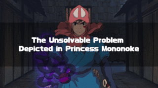 Prince Ashitaka from Princess Mononoke, with his cursed right arm glowing with a dark, swirling purple energy. The image features a text overlay that reads, 'The Unsolvable Problem Depicted in Princess Mononoke'.