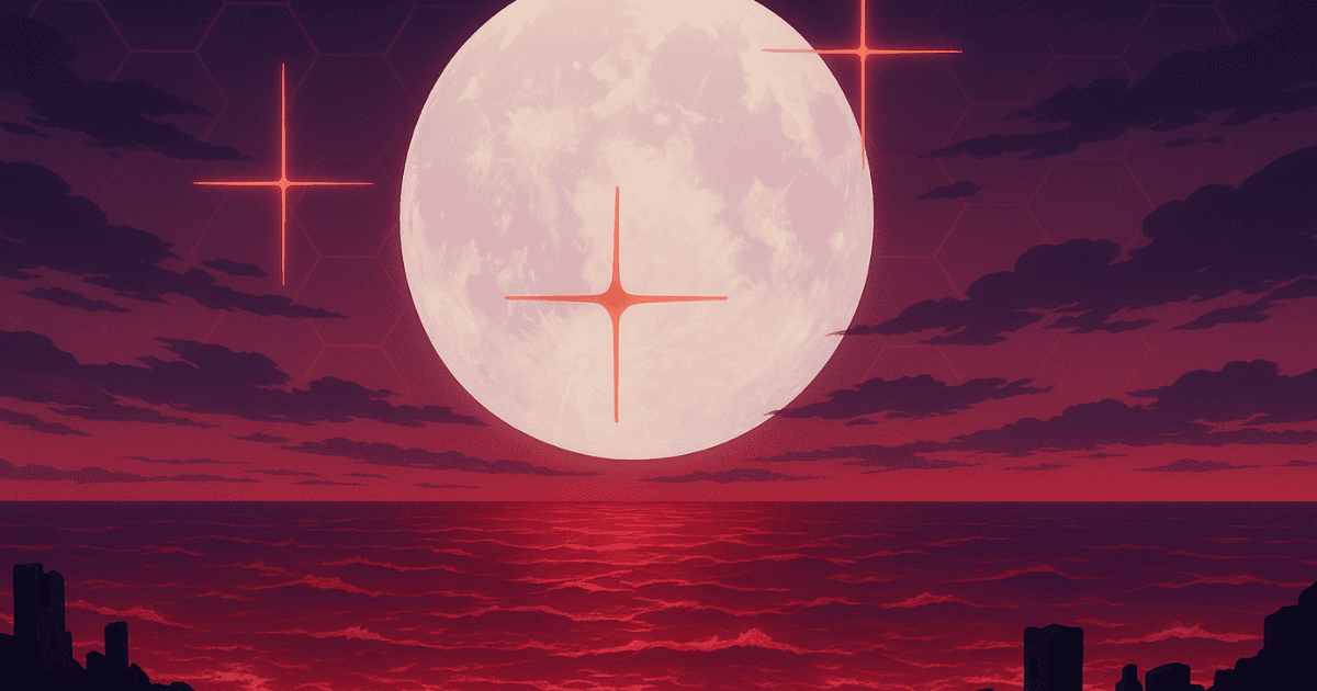 Giant full moon glowing over a crimson ocean beneath a dark futuristic night sky
