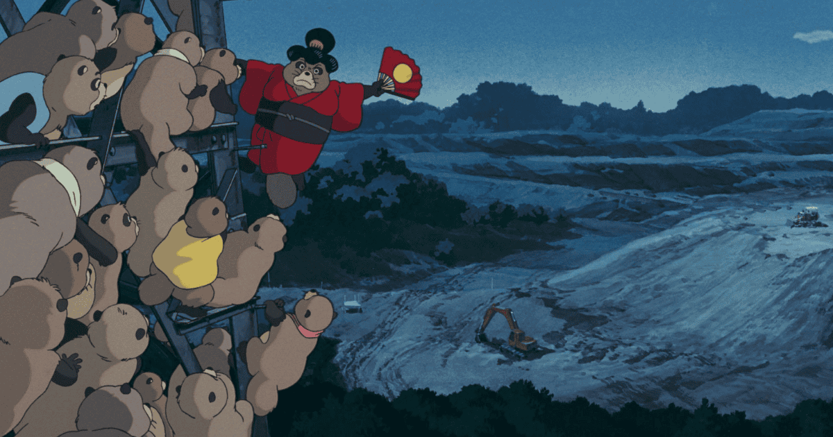 Tanuki in traditional attire performing before a crowd of raccoon dogs overlooking a nighttime construction site