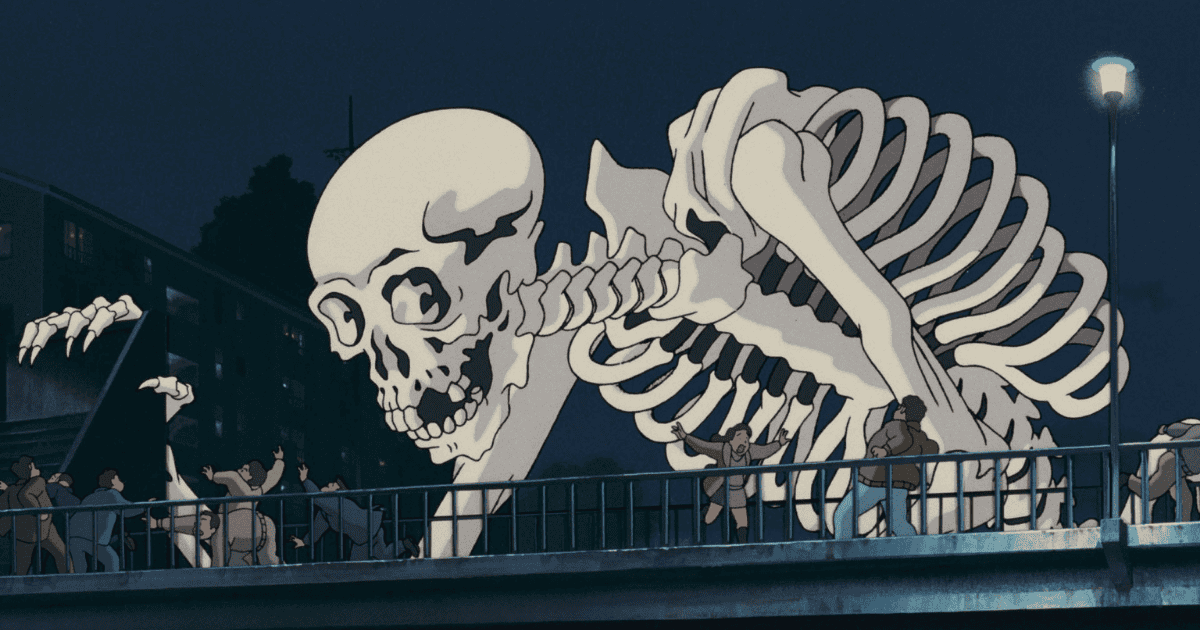 Giant skeleton apparition looming over a nighttime pedestrian bridge as terrified people flee in panic