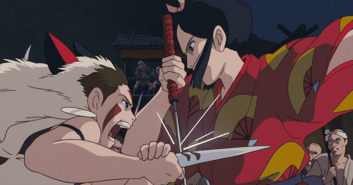 San confronting Lady Eboshi in a fierce close-range battle as their blades clash