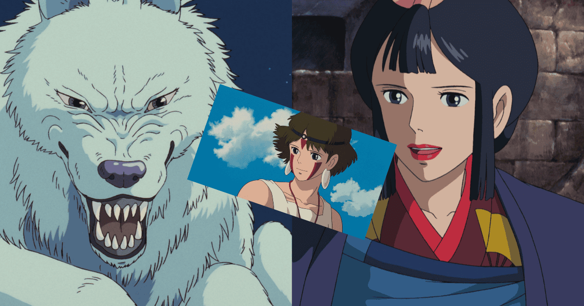 Moro, San, and Lady Eboshi shown together in a character collage contrasting the wolf clan and Iron Town