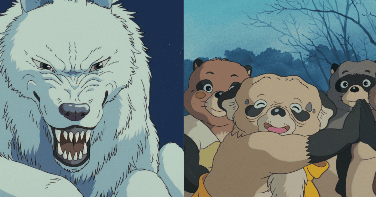 Moro the white wolf beside tanuki characters in a comparison collage of Studio Ghibli films