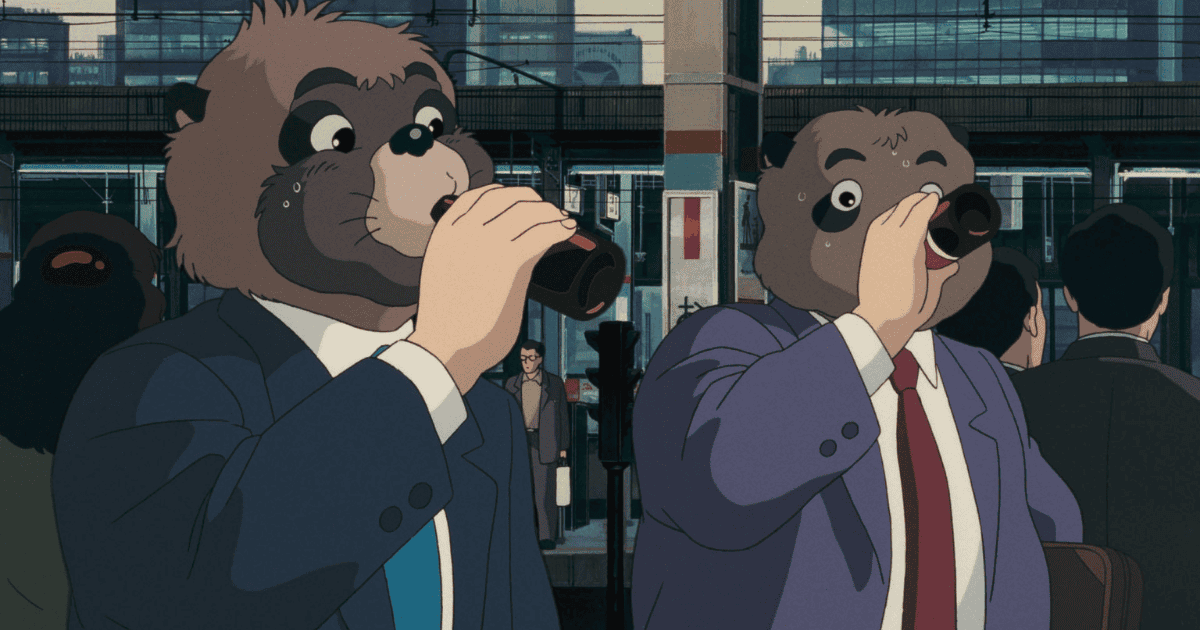 Two tanuki disguised as businessmen drinking from bottles at a busy Japanese train station