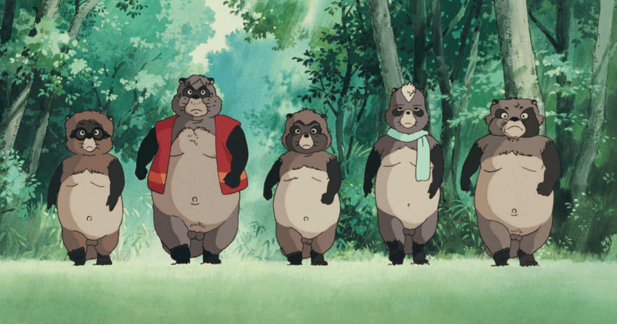 Five tanuki standing together in a forest clearing in Pom Poko