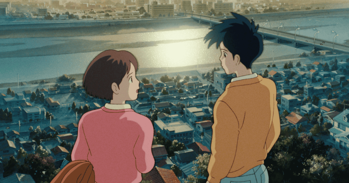 Teenage boy and girl overlooking a sunlit riverside town and bridge from a hilltop viewpoint