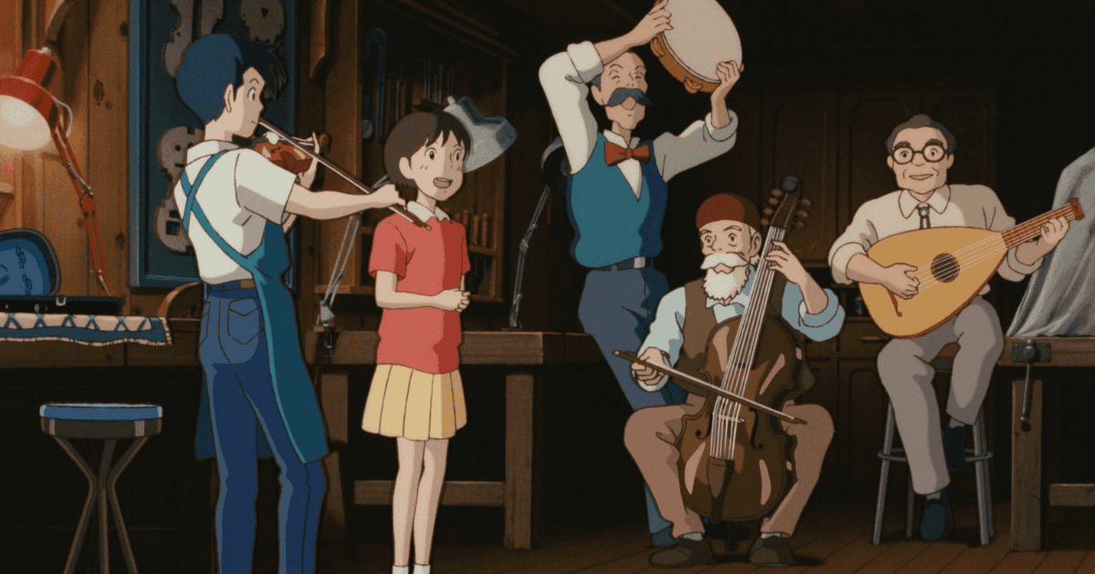 Shizuku singing as Seiji plays violin with Nishi and friends performing together in the antique shop workshop