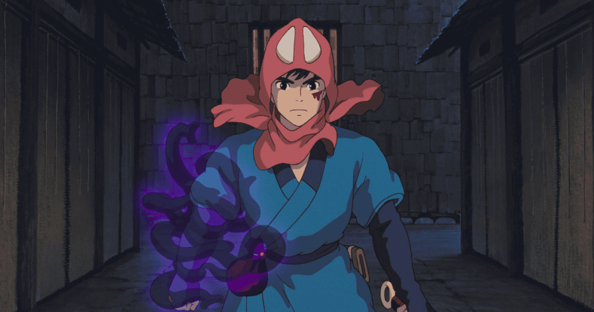 Young warrior in a red hood and blue robe confronting a glowing supernatural curse in a dark stone corridor