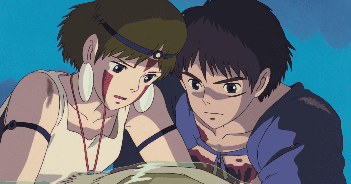 San supporting an injured Ashitaka as they look down together in Princess Mononoke