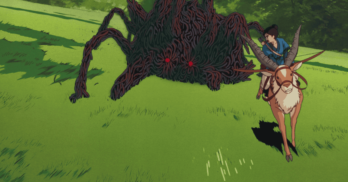 Ashitaka riding Yakul while pursued by the cursed boar demon Nago across a grassy field in Princess Mononoke