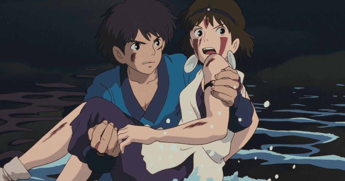 Ashitaka carrying an injured San through shallow water after a fierce battle