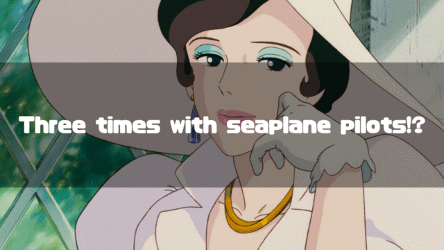A close-up animation still of Madame Gina from 'Porco Rosso,' wearing a large white hat and gold necklace, with a thoughtful expression and gloved hand to her chin. Overlayed text reads, 'Three times with seaplane pilots!?'