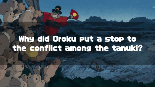 A scene from the movie 'Pom Poko' where the character Granny Oroku, dressed in a red kimono, addresses a large crowd of tanuki climbing a structure at a nighttime construction site. The image is overlaid with the text: "Why did Oroku put a stop to the conflict among the tanuki?"
