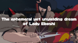 In a dramatic and intense scene from "Princess Mononoke," San, riding a giant white wolf, lunges forward to attack with a dagger. Lady Eboshi stands firm, blocking the blow with her long spear, her expression resolute. Over this confrontation, the white text reads: "The ephemeral yet unyielding dream of Lady Eboshi."