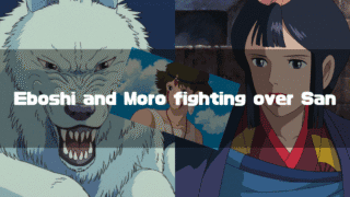 A split-screen style image from Princess Mononoke, showing the snarling wolf god Moro on the left and a composed Lady Eboshi on the right. A small, tilted picture of San is placed between them, with the text "Eboshi and Moro fighting over San" overlaid in the center.