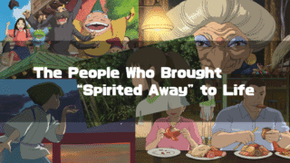 A collage of key characters and scenes from the animated film "Spirited Away," including Chihiro, Haku, Yubaba, and Chihiro's parents. The text "The People Who Brought 'Spirited Away' to Life" is written in the center.