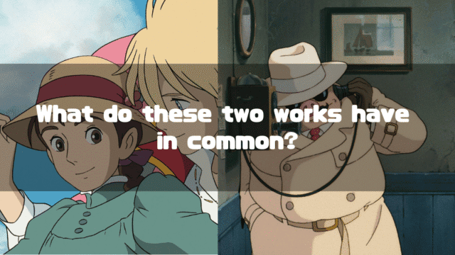 A split-screen comparison of two Studio Ghibli films. On the left are Sophie and Howl from "Howl's Moving Castle," and on the right is the titular character from "Porco Rosso." Overlay text asks, "What do these two works have in common?"