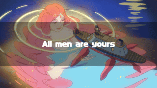 Gran Mamare in the water, holding a toy boat with Fujimoto on it, with the text 'All men are yours' superimposed.