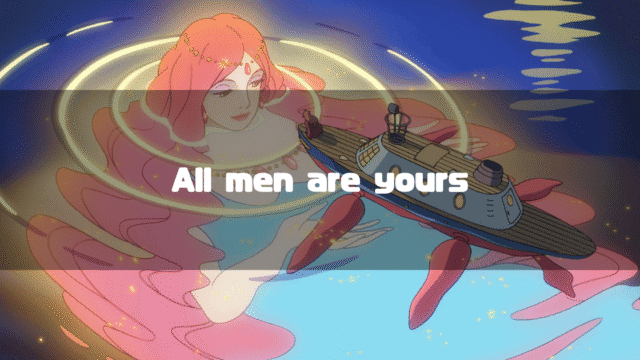 Gran Mamare in the water, holding a toy boat with Fujimoto on it, with the text 'All men are yours' superimposed.
