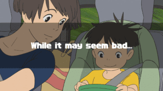 Lisa and Sōsuke in the car, with the text 'While it may seem bad...'