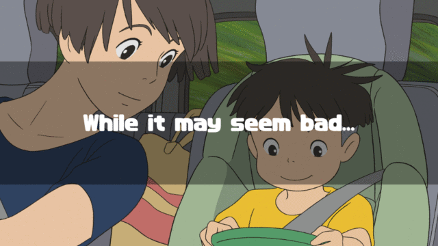 Lisa and Sōsuke in the car, with the text 'While it may seem bad...'