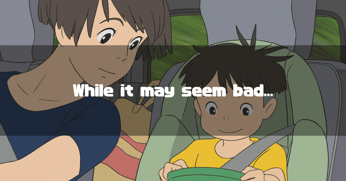 Lisa and Sōsuke in the car, with the text 'While it may seem bad...'