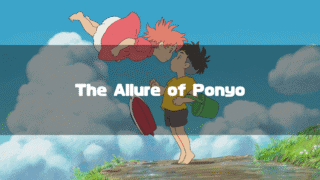 Ponyo floating in the air to kiss Sosuke on a cliff, with the text 'The Allure of Ponyo' overlaid.