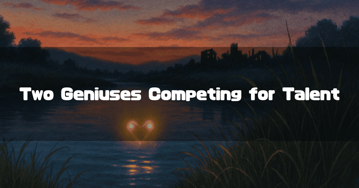 A riverside landscape at dusk with the text 'Two Geniuses Competing for Talent' in the center.