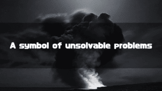 A massive plume of smoke rises into the night sky under the stars, with the text "A symbol of unsolvable problems" overlaid in the center.