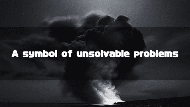 A massive plume of smoke rises into the night sky under the stars, with the text "A symbol of unsolvable problems" overlaid in the center.