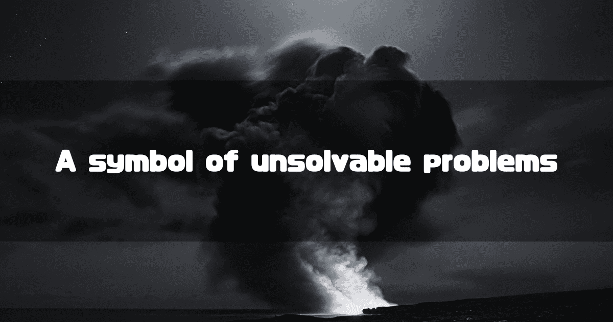 A massive plume of smoke rises into the night sky under the stars, with the text "A symbol of unsolvable problems" overlaid in the center.
