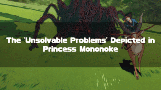 Ashitaka, riding his elk Yakul, looks towards the large, monstrous demon Nago no Kami in a grassy field. The title 'The 'Unsolvable Problems' Depicted in Princess Mononoke' is overlaid on the image.