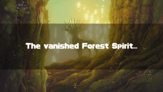 The Forest Spirit from Princess Mononoke stands in a lush, sunlit grove. Text overlay reads: "The vanished Forest Spirit..."